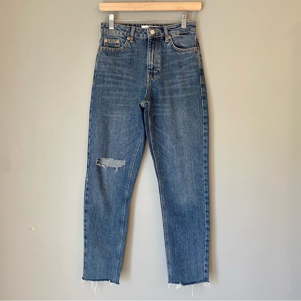 Topshop High-Waisted Medium Wash Frayed Hem Distressed Mom Jeans